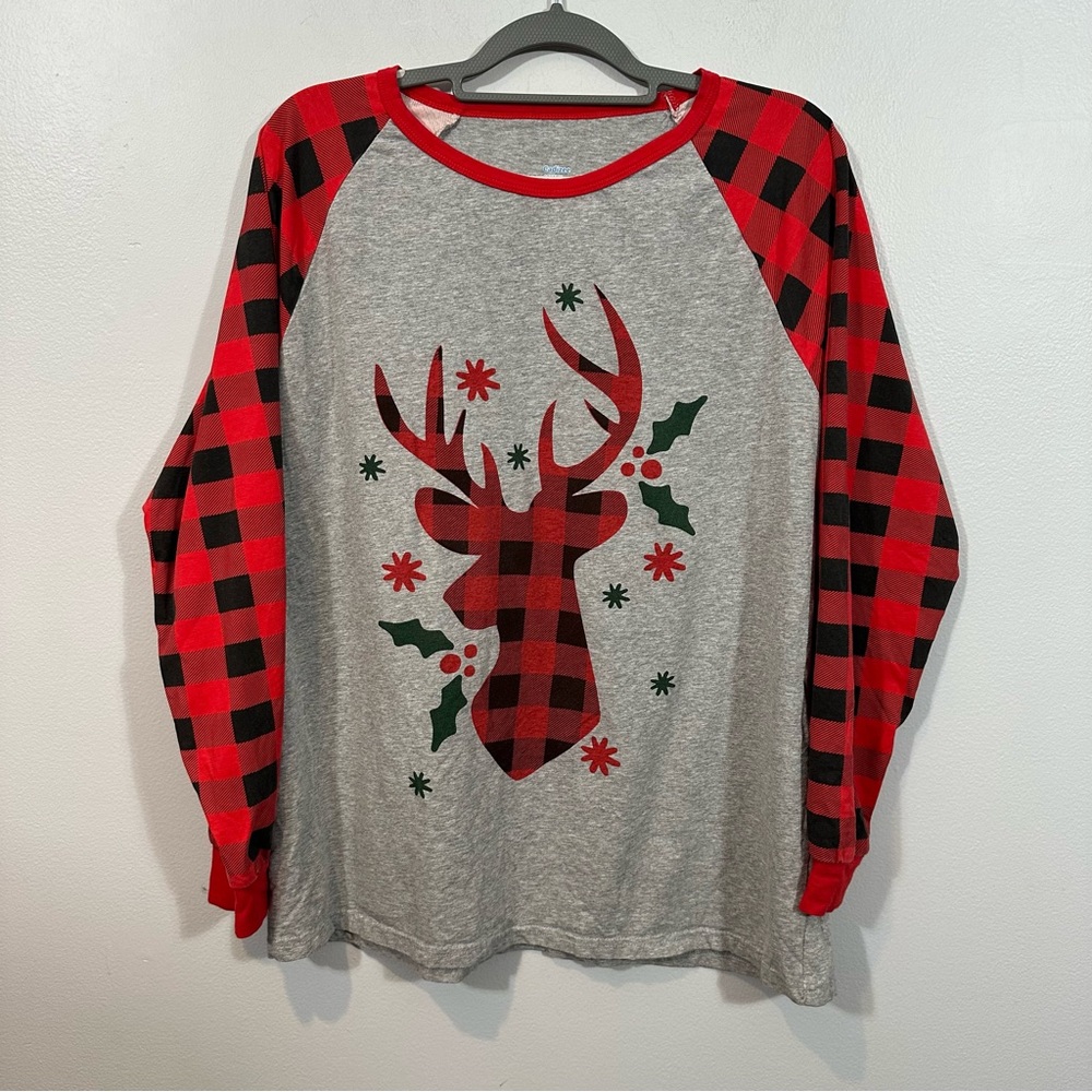 Plaid Reindeer Long Sleeve Shirt - Red and Gray
